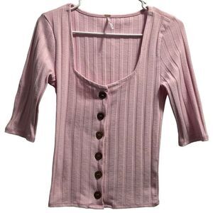 Women's Square Neck Ribbed Pink Free People Button Front Top Size Small